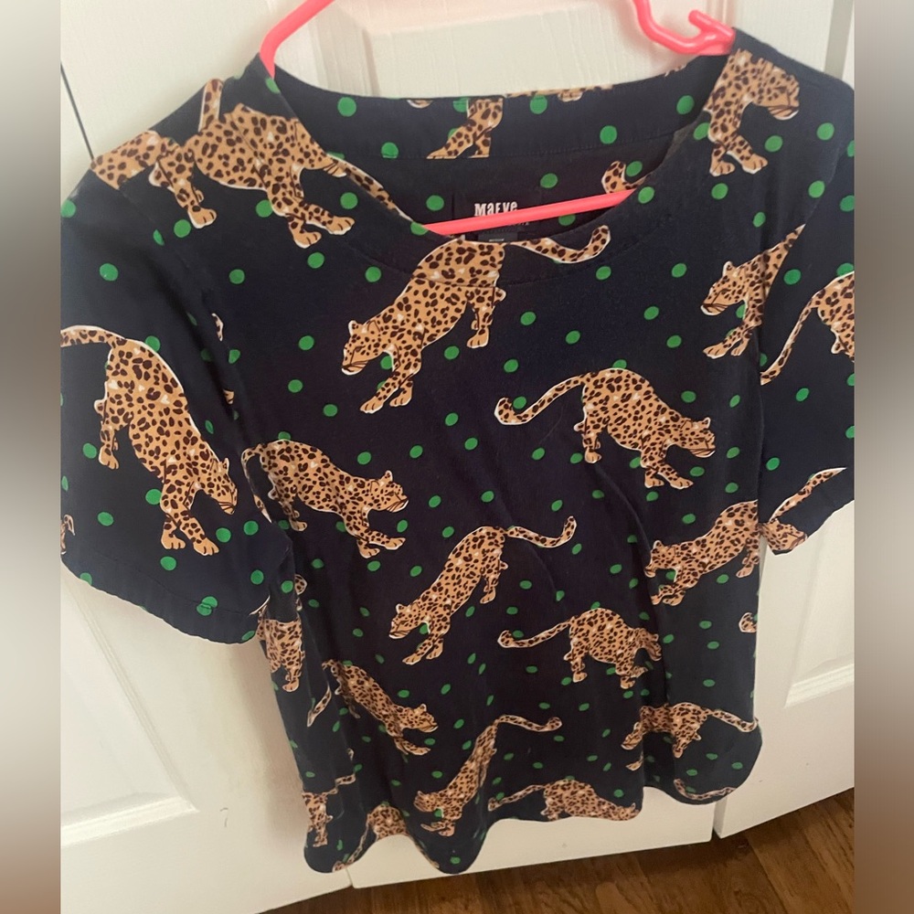 COPY - Maeve by Anthropologie Blue Top with Cheetah Novelty Print and Green Dots